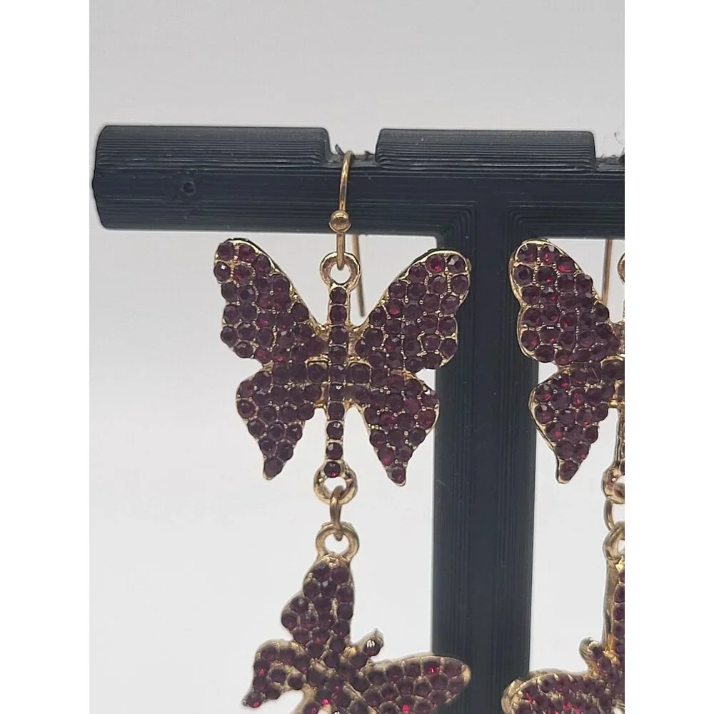 Butterfly Dangle Drop Cascade Earrings Red Rhinestone Gold Tone Whimsy Fairy